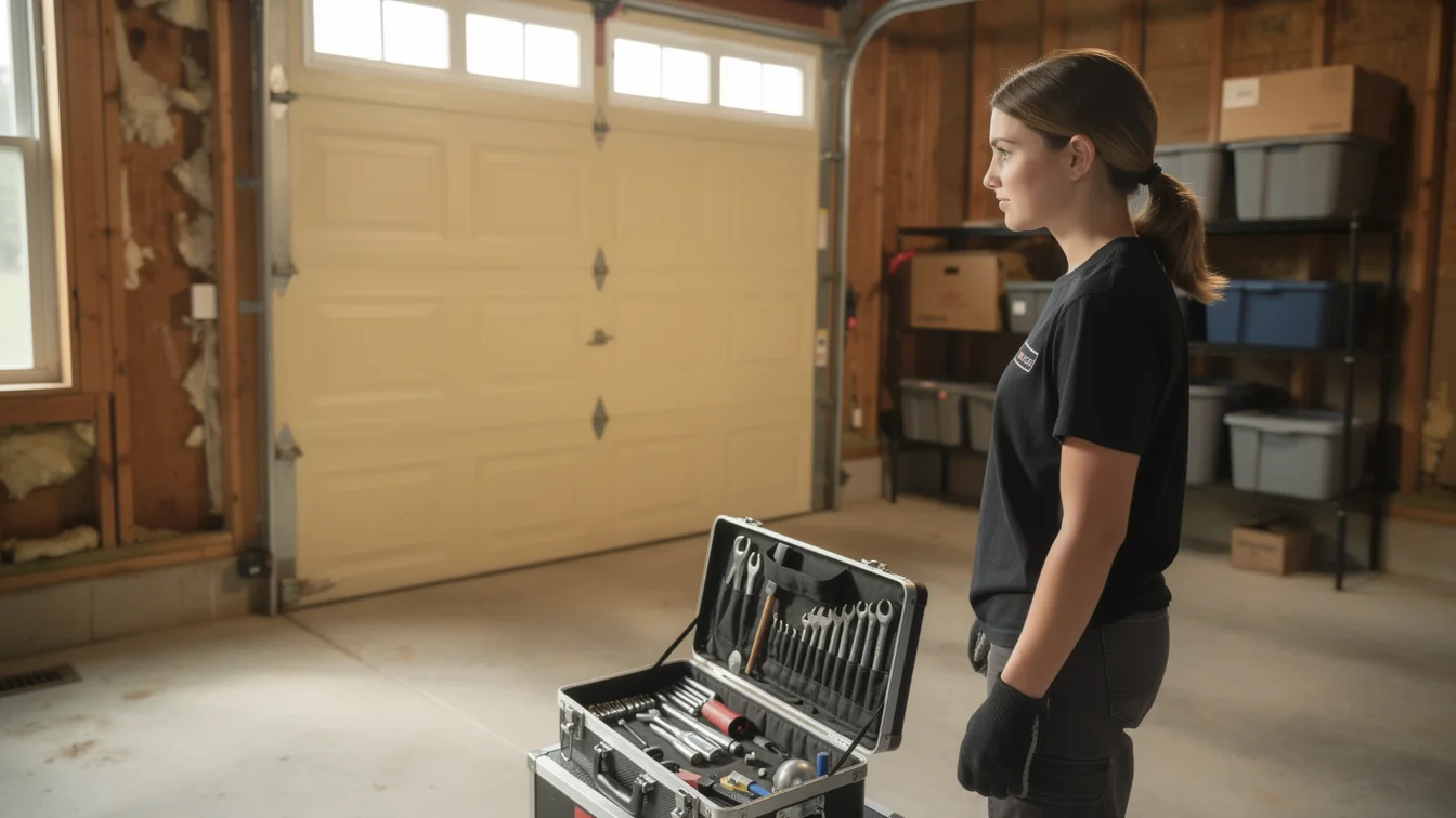 A technician stands next to an open toolbox in a garage with a closed door.