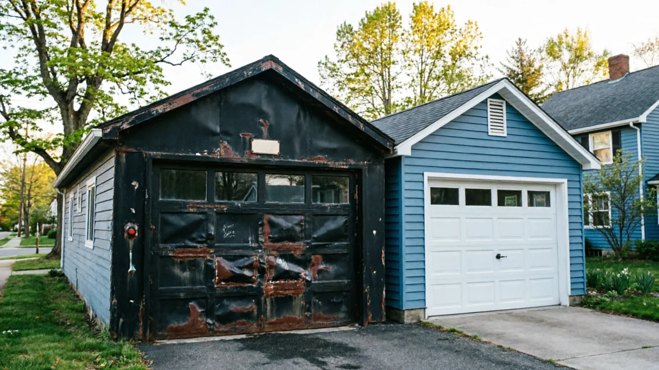 Two garages are side-by-side, one with a rusty black door and one with a white door.