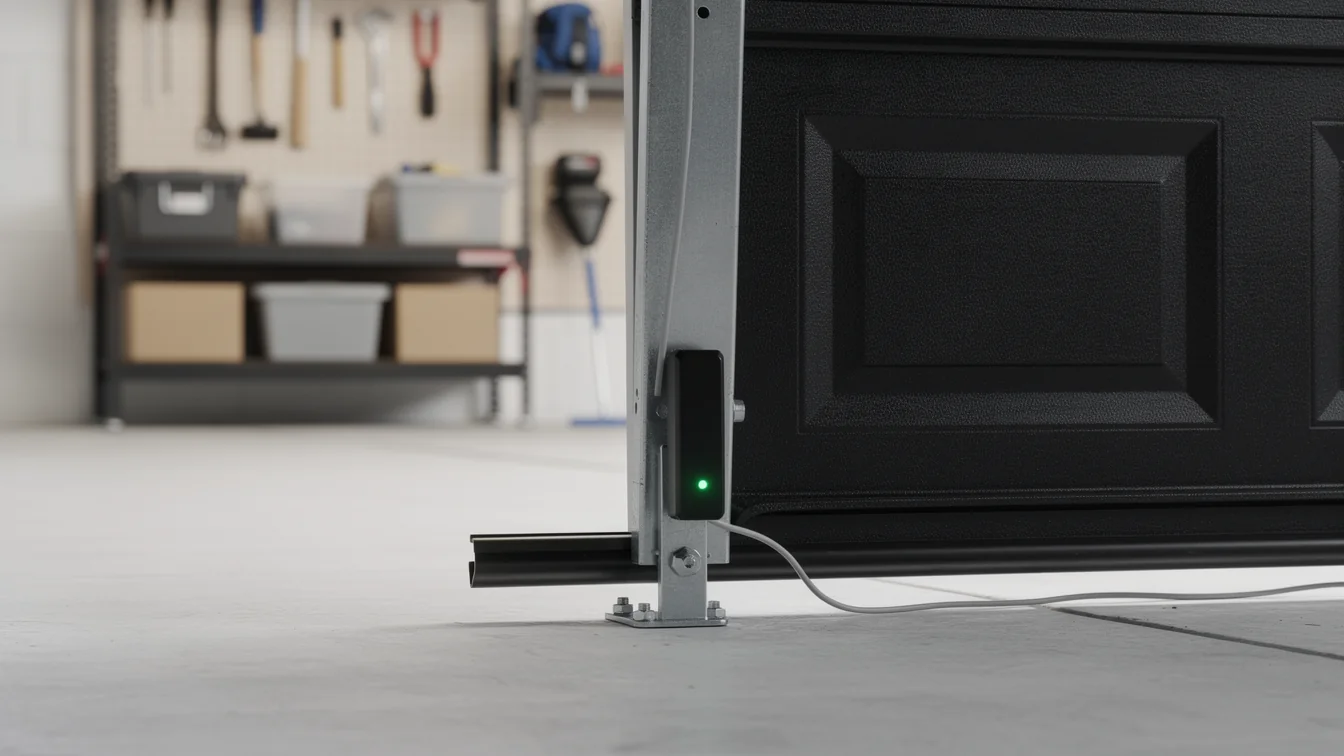 A black garage door is next to a safety sensor with a green light.