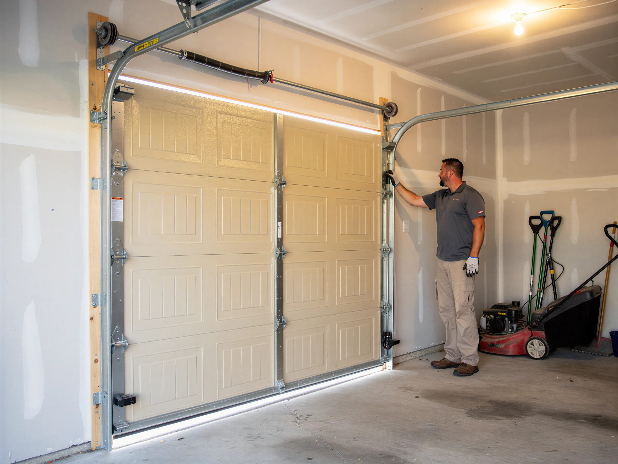 A technician in a gray shirt adjusts a beige garage door inside a garage.