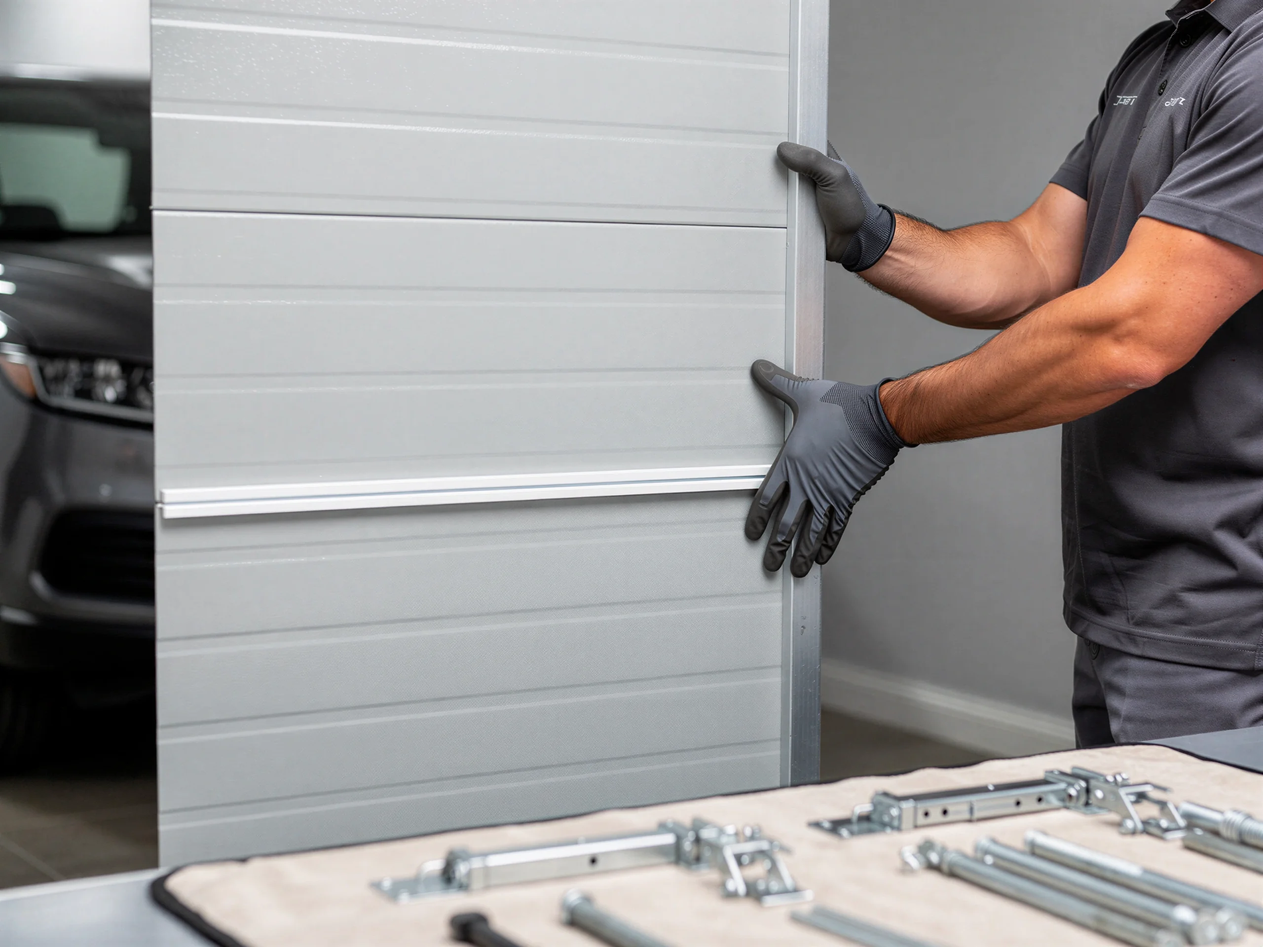 A technician in gloves installs a gray garage door panel next to a car.